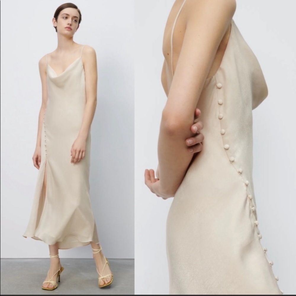 Zara Cream Slip Midi Dress with Side Button Detail